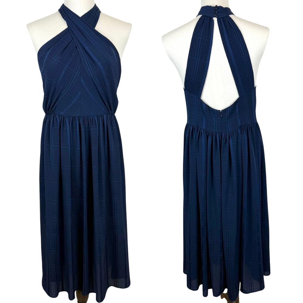 Gal Meets Glam Halter Chiffon Cross Strap Open-Back Midi Dress Dark Blue Size 20